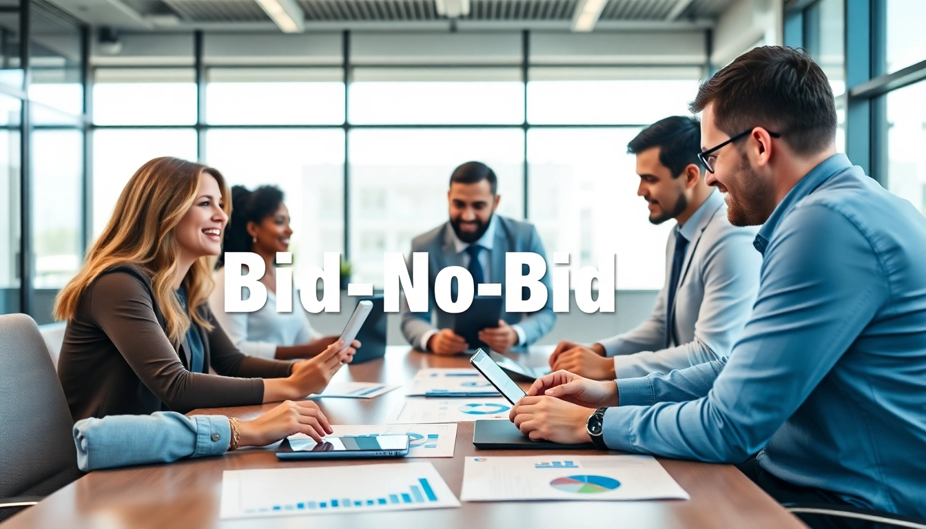 Engaging discussion on Bid-No-Bid Analysis among professionals at a conference table.