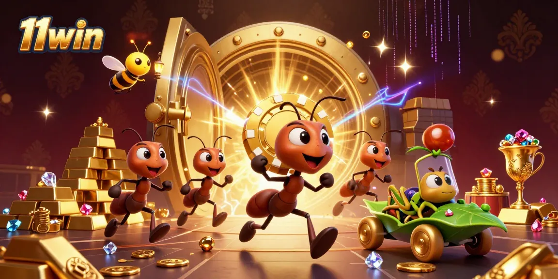 Ants and a grasshopper team up in a thrilling heist for 11win's golden poker chip.