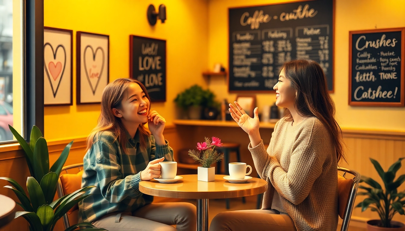 Friends discussing crush on relationships in a cozy coffee shop setting.