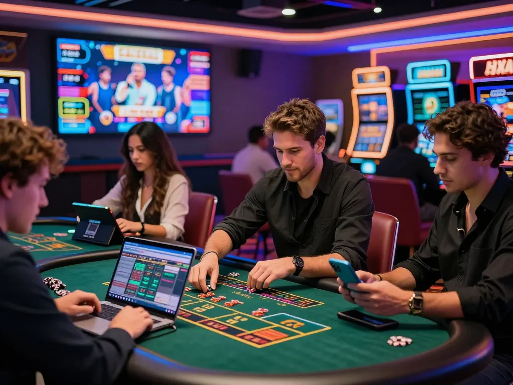 Engaged players at a nhà cái uy tín online gambling platform showcasing excitement and modern gaming technology.