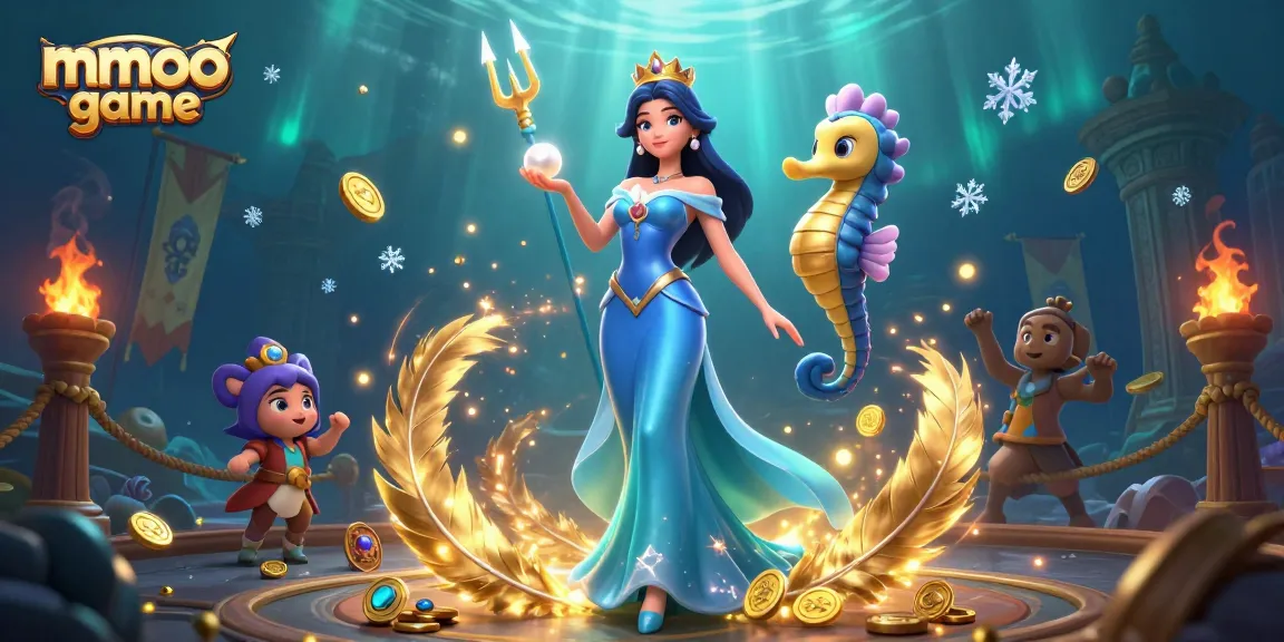 Engaging mmoo game atmosphere featuring a magical underwater scene with captivating characters and casino elements.