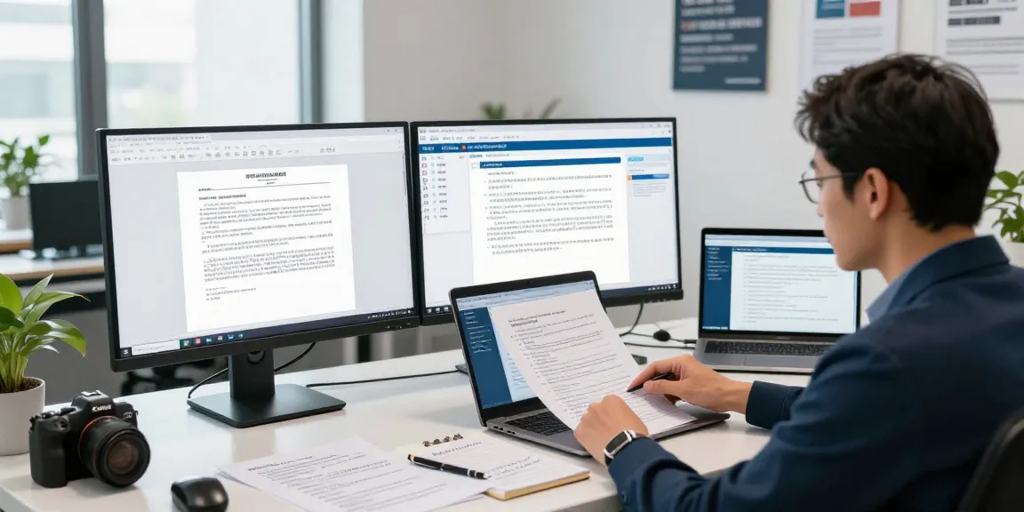 Document fraud detection analysis in a modern office with a compliance officer reviewing digital documents and forensic tools.