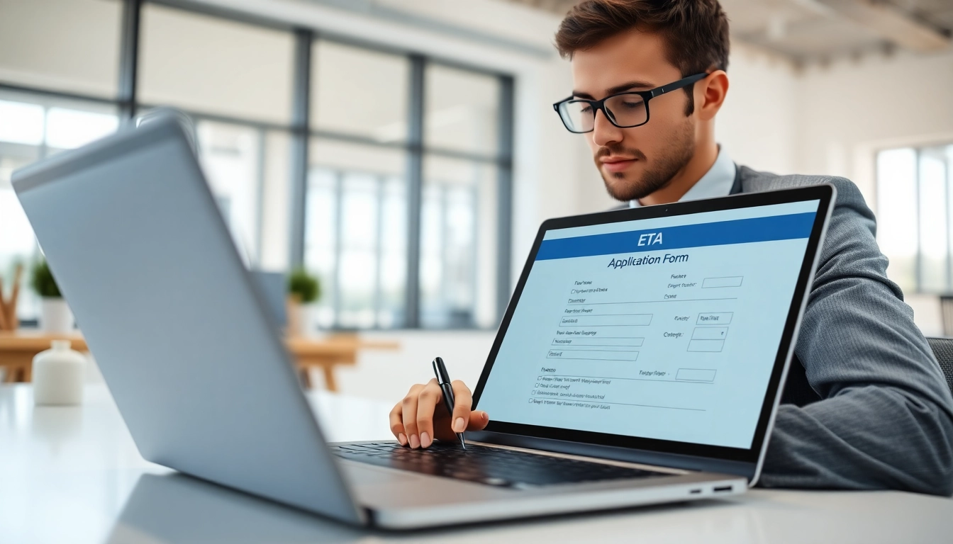 Complete the eta uk application form while focusing in a modern office setting.