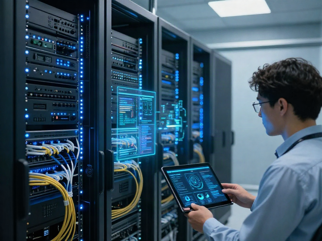 system configuration review in a data center with server racks and cybersecurity monitoring