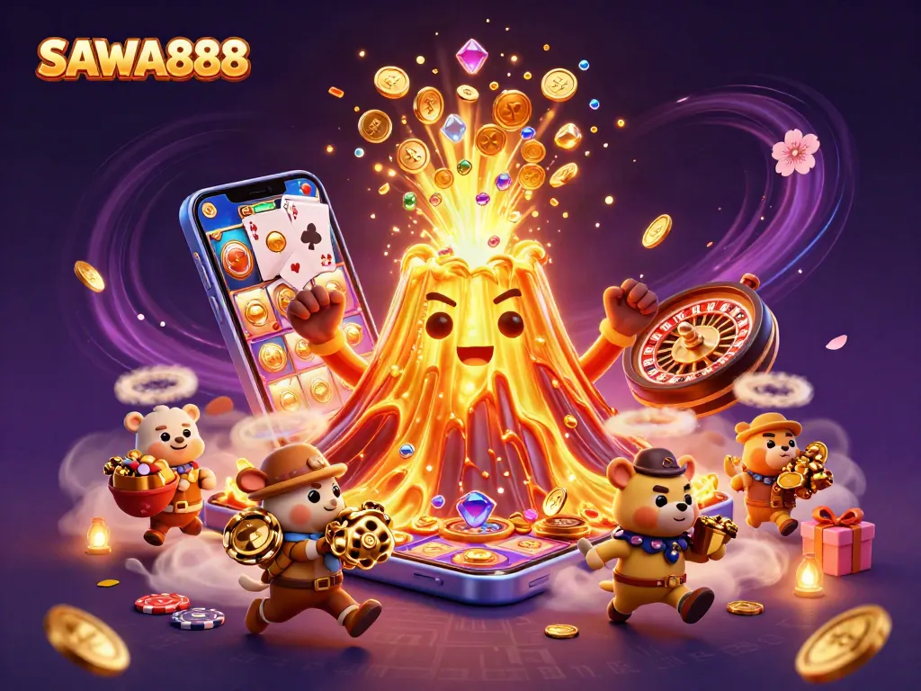 Engage with SAWA888's vibrant casino experience featuring an erupting volcano of treasures and dynamic gaming elements.