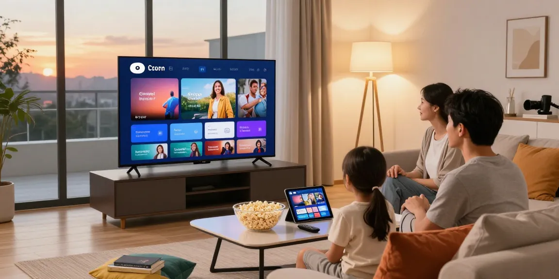 Family enjoying iptv kopen in a cozy living room while streaming on Smart TV.