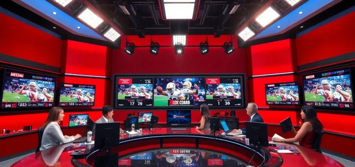 Engaging action in sports broadcasting studio with diverse anchors delivering news.