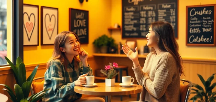 Friends discussing crush on relationships in a cozy coffee shop setting.