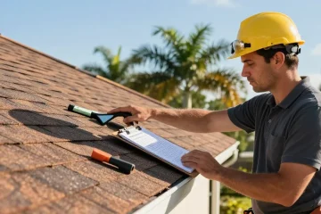 Roof inspection in Tampa showcasing a roofing professional assessing shingles and gutters, demonstrating expertise in residential roofing services.