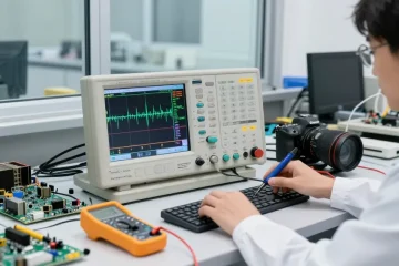 Technician measuring waveforms on a desktop oscilloscope in a bustling electronics lab filled with tools and components.