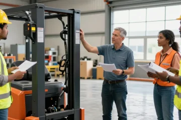 Demonstrating the best stacker in a vibrant warehouse setting with diverse team members engaged in training.